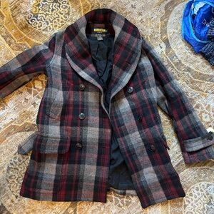 Ralph Lauren rugby red and white and black plaid over coat pea coat